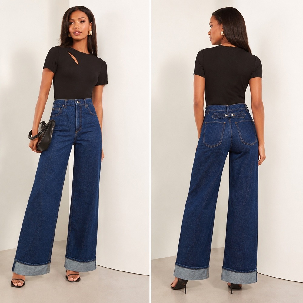 Free People Alia Wide Leg Cuff Pleated Denim Jeans Hawthorne Indigo Blue 30 Boho